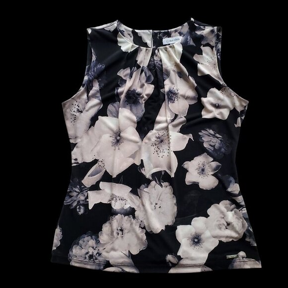 Calvin Klein Dark Floral Pleated Top Sleeveless Blouse Great for Under Suit - Picture 4 of 11